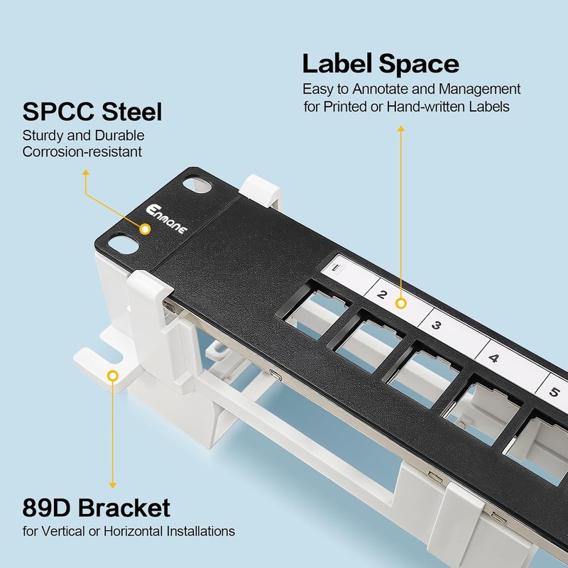 Enmane 8 Port Blank Keystone Patch Panel Wall Mount 10inch with 89D Bracket Ethernet Patch Panel (Blank) - Image 2